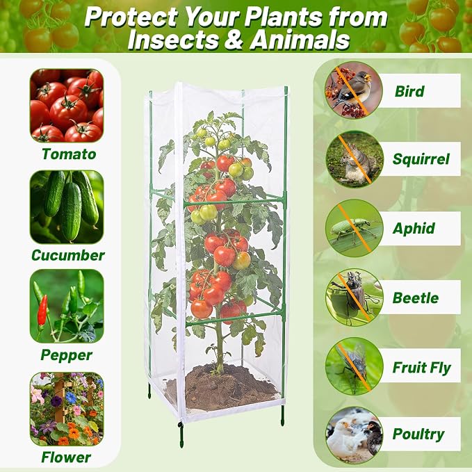 3 Pcs Garden Bird Netting Plant Cover for Square Tomato Cage, 55"×19.7" Garden Bird Tomato Cage Covers with Zipper & Drawstring for Vertical Climbing Plants, Vegetable and Flowers (No Cage)