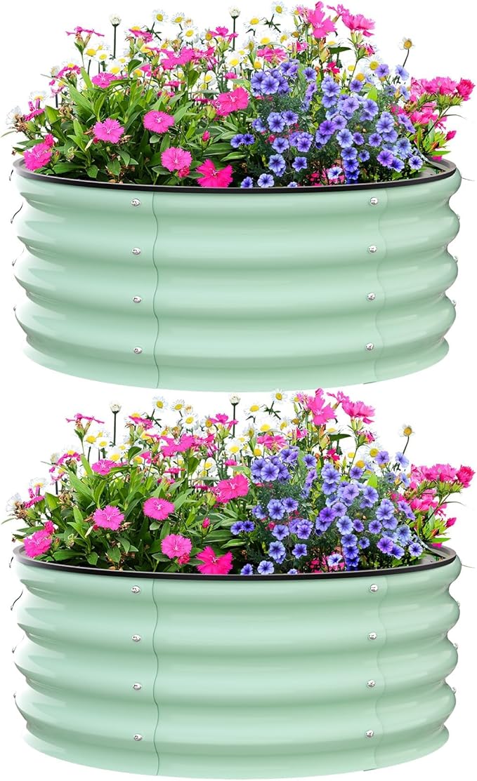 Garvee Galvanized Raised Garden Bed, 2Pcs Raised Garden Beds Outdoor, Round Planter Raised Beds with Gloves and Rubber Edge Trim for Vegetables, Flowers and Herbs, 3x3x1 FT, Green
