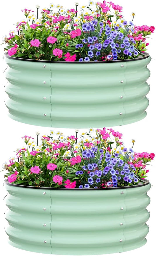 Garvee Galvanized Raised Garden Bed, 2Pcs Raised Garden Beds Outdoor, Round Planter Raised Beds with Gloves and Rubber Edge Trim for Vegetables, Flowers and Herbs, 3x3x1 FT, Green