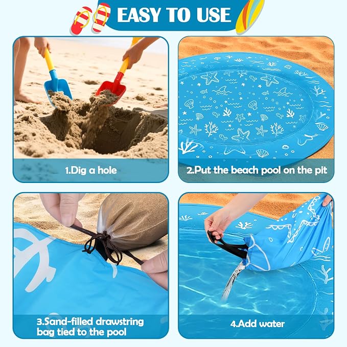 Mity rain Beach Pool Puddle, 6.6FT Pool with Sandbags & Carry Bag | Portable Beach Mat for Outdoor Summer Fun