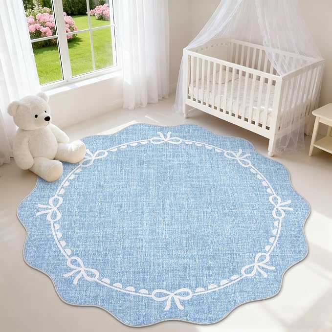 GarveeHome 5ft Round Rugs Washable Scalloped Bow Rug for Bedroom, Blue | Non Slip Soft Low Pile Ultra-Thin Stain Resistant Indoor Carpet for Living Room Nursery Girls Dorm Decor Kids Room Playroom