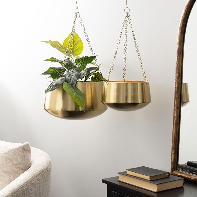 Deco 79 Metal Indoor Outdoor Wall Planter Indoor Outdoor Hanging Dome Hanging Planter with Chain, Set of 2 Plant Hanger 5", 7"H, Gold