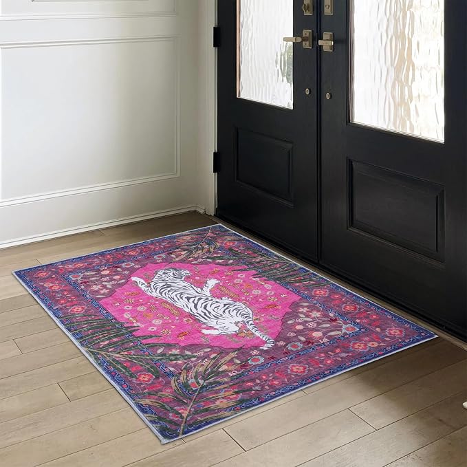 4x6 FT Leopard Rug for Living Room Hot Pink Leopard Vintage Animal Rug Aesthetic Pink Rugs for Girls Room Nursery Bedroom Home Office Dorm Thin Bright Magenta Carpet (Hot Pink, 4X6 FT)