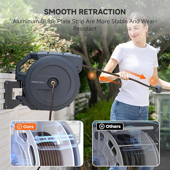 Giraffe Tools Heavy-Duty Wall-Mounted Hose Reel, 5/8" x 90 ft Retractable Hose with Automatic Rewind, 180° Swivel, Any-Length Lock & 9-Pattern Nozzle (Dark Grey)