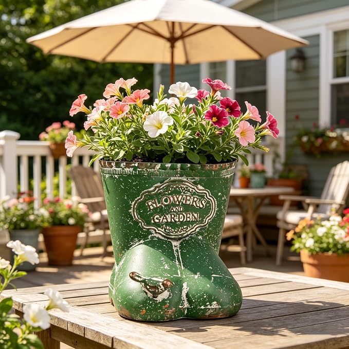 Vintage Distressed Boot Planter, Rustic Flowers & Garden Metal Rain Boot Plant Pot, Farmhouse Succulent Herb Planter for Indoor Outdoor Home Garden Patio Decor (Green - Small)