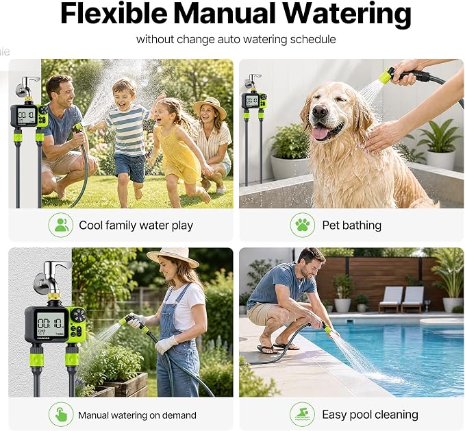 Sprinkler Timer, Programmable Brass Inlet Watering Timer for Garden Hose, Fit 3/4” US Faucet, Outdoor Soaker Auto Manual Hose Timer with Rain Delay, Drip Irrigation for Lawn Yard, 2 Outlets