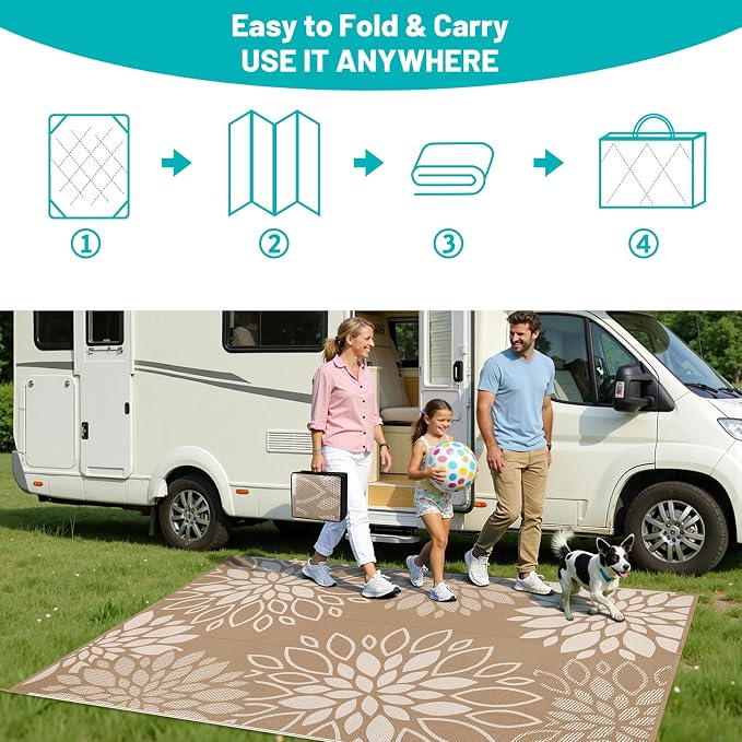 HEBE Waterproof Outdoor Rug 5x8 for Patios, Floral Reversible Plastic Straw Rug Patio Mat, Indoor Outdoor Carpet RV Mat Camping Rug for Deck, Camper, Porch, Balcony, Backyard, Picnic