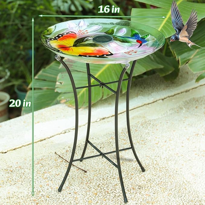 MUMTOP Glass Bird Baths for Outside, 16 Inch Width Outdoor Garden Hummingbird Butterfly Bird Bath Bowl with Solar Light and Metal Stand, Large Glass Birdbath Bird Feeder for Yard Decor, 20 Inch Height