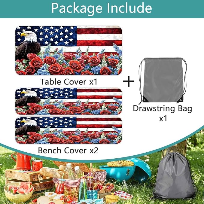 Picnic Table Cover with Bench Covers and Bag, American Flag Eagle Summer Camping Essentials Outdoor Table Covers with Elastic Picnic Waterproof Fitted Tablecloth for RV Picnic Travel 3pcs 96inch