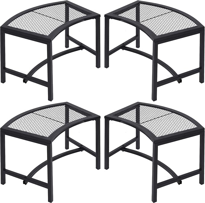 Metal Fire Pit Curved Bench, Backless Powder-Coated Mesh Outdoor Bench, Weatherproof Garden Chair Seating for Firepit Deck Patio Porch Yard, Black, Set of 4
