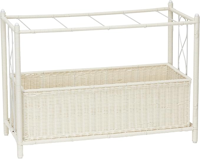 Household Essentials Raised Two‑Tier Plant Stand with Interchangeable Shelves, Resin Woven Planter and Tray, White