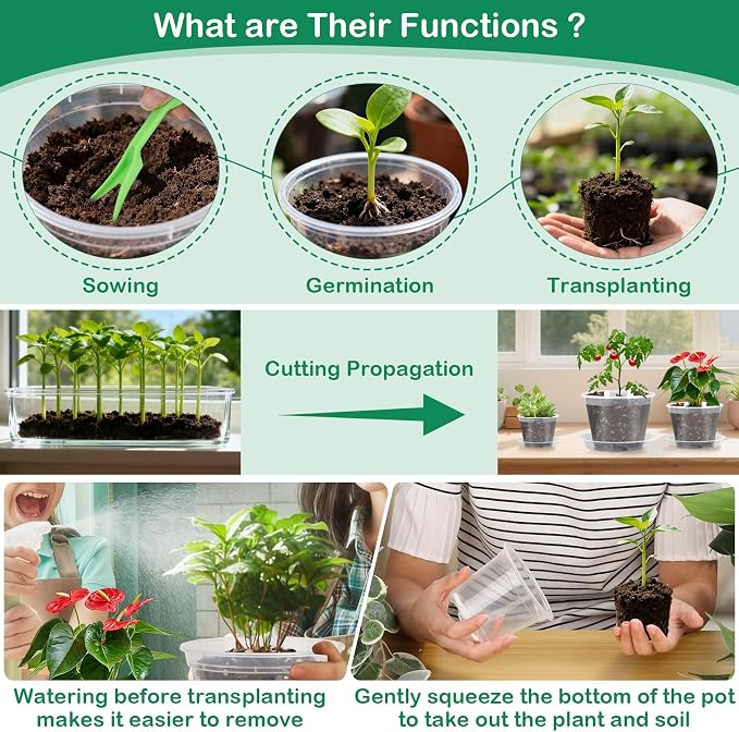 30Pcs Clear Plastic Nursery Pots with Drainage Holes and Saucers, 2.8/3.1/3.5/3.9/5.1/5.9/7.1Inch Seedling Starter Pots with Tool for Indoor Outdoor Gardening Flower, Herb, Succulent Transplanting