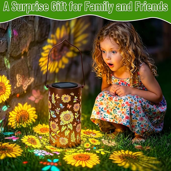 2 Pack Upgraded Colorful Sunflower Solar Lanterns Outdoor Waterproof, Decorative Metal Hanging Solar Lantern for Patio Porch Courtyard Tabletop Pathway Garden Decor, Ideal Gifts for Mom Wife Grandma