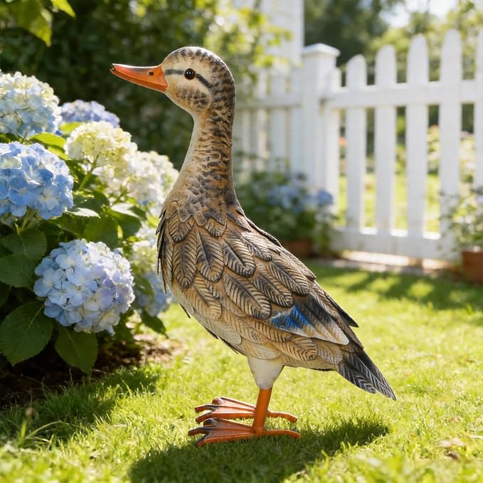Shorayn Metal Duck Garden Statue, Life-Size Iron Hen Mallard, Handmade Gray Duck Yard Decor, Indoor Outdoor Ornament, Gift for Housewarming/Mother’s Day/Christmas
