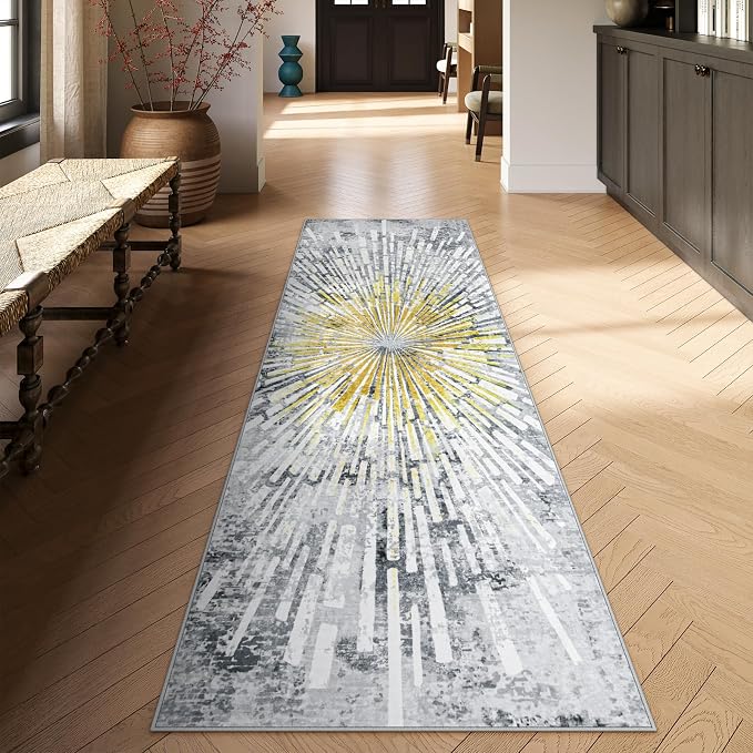 Lahome Manon Kitchen Runner Rug 2.5x8, Modern Non Skid Washable Runners for Hallways, Low Pile Soft Golden Indoor Abstract Carpet Runner for Entryway Bathroom Bedroom