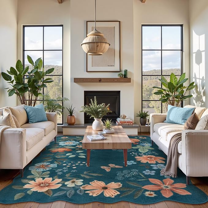 Lahome Floral Washable Rugs 8x10, Soft 8x10 Rugs for Living Room Bedroom | Non-Slip Ultra-Thin Stain Resistant Boho Blue Accent Carpet for Dining Room Office Flore (8x10ft, Navy Blue)