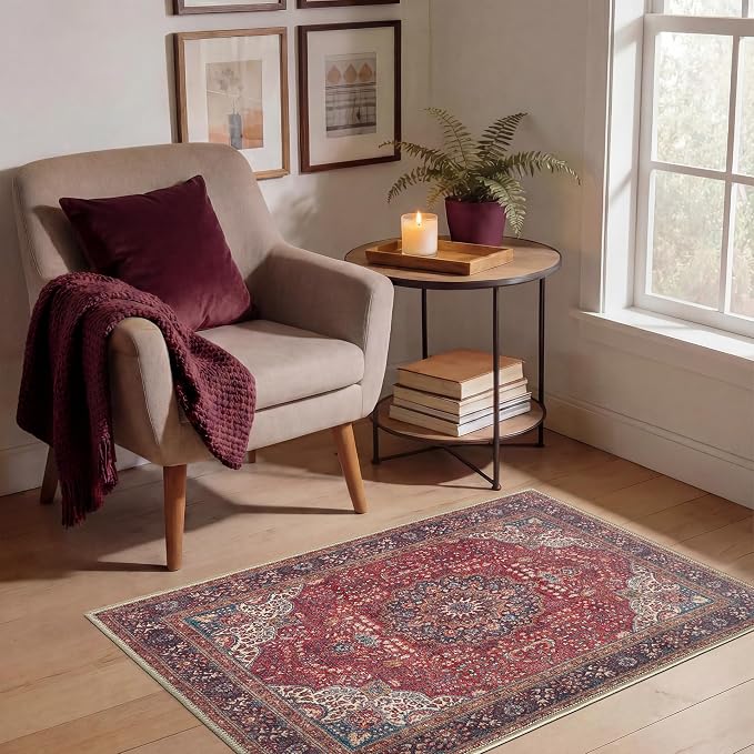 Keen Home Design Vintage Washable Entryway Rug, Non-Slip Low Pile, 2x3 | Machine Washable Cotton Chenille, 0.25In Low Pile, Rubber Non-Slip Back; Kitchen, Entryway, Bathroom, Bedside
