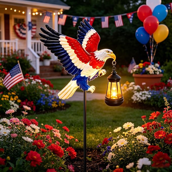 4th of July Decorations 250th anniversary Bald Eagle Solar Garden Light Outdoor Waterproof, Gift for family and friends, Stake Light with Solar Lantern,Solar Lights Yard Art Outside Patio Garden Decor