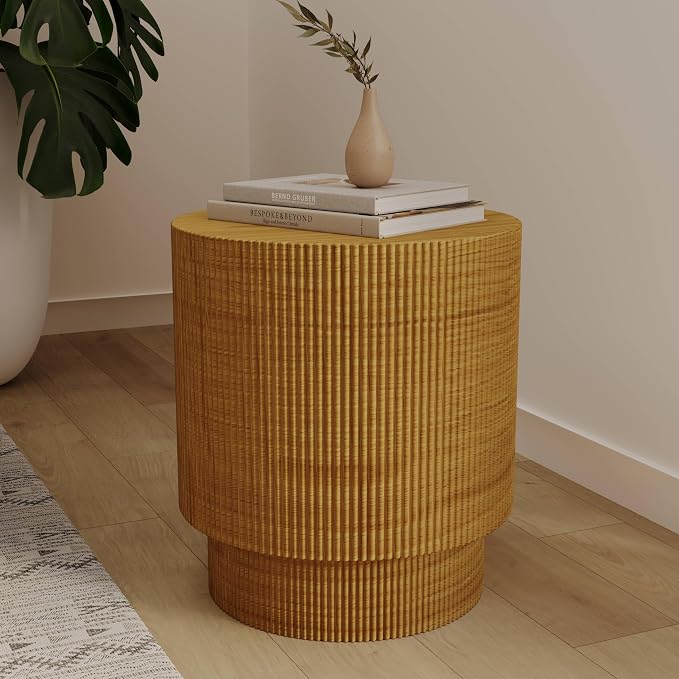LeisureMod Modern Side Table Round Fiberstone Top Accent End Table for Home, Outdoor Patio, Living Room Sofa, Weather-Resistant, Eden Series in Brown