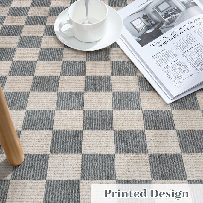 Machine Washable 5x7 Area Rugs for Living Room Checkered, Non Slip Soft Low Pile Geometric Modern Neutral Playroom Rugs for Bedroom Indoor, Large Carpet Rugs for Dining Room Kitchen(Grey, 5'x7')