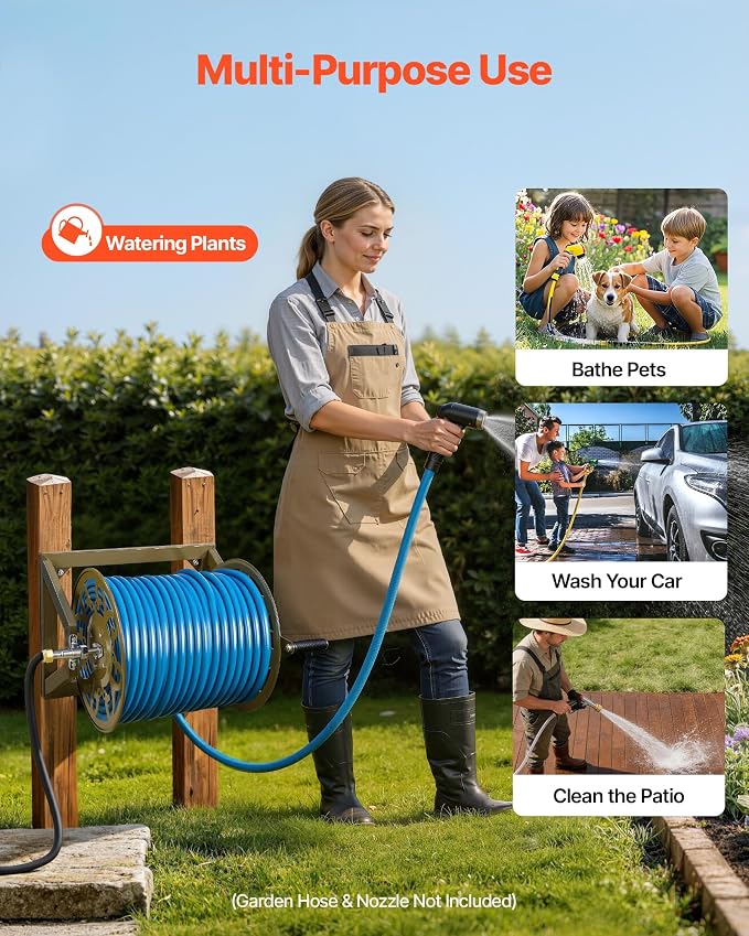 VEVOR Wall Mounted Garden Hose Reel, Holds 200 Feet of 5/8-inch Hose, Outdoor Heavy-Duty Waterhose Holder Winder, with Brass Connector, Decorative Pattern, Bronze Finish, for Backyards and Gardens