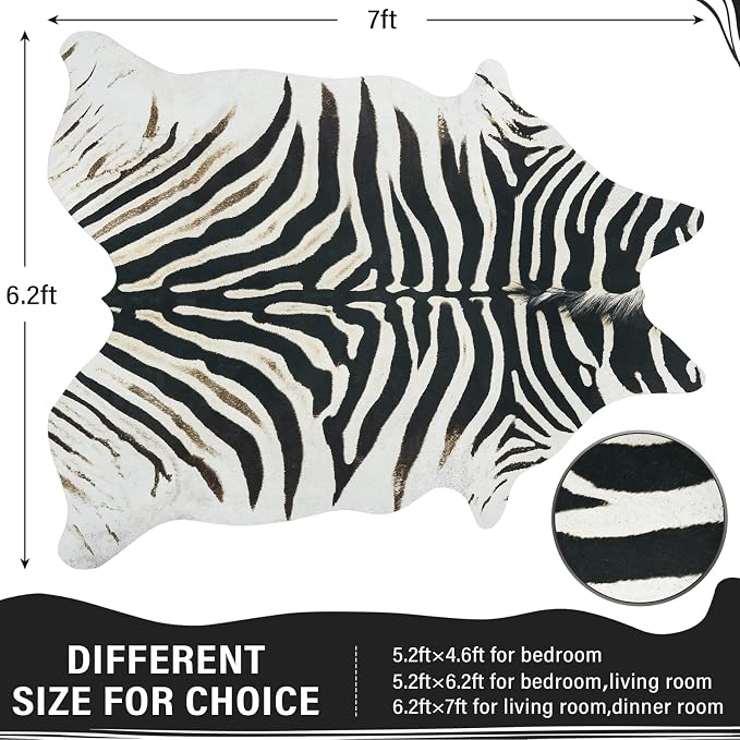 AROGAN Western Faux Zebra Rug, Sturdy Zebra Hide Rugs, Non-Slip 6.2x7 Ft | Premium Animal Skin Print Rug for Wall Decor, Western Floor Carpet for Bedroom Living Room, Black and White