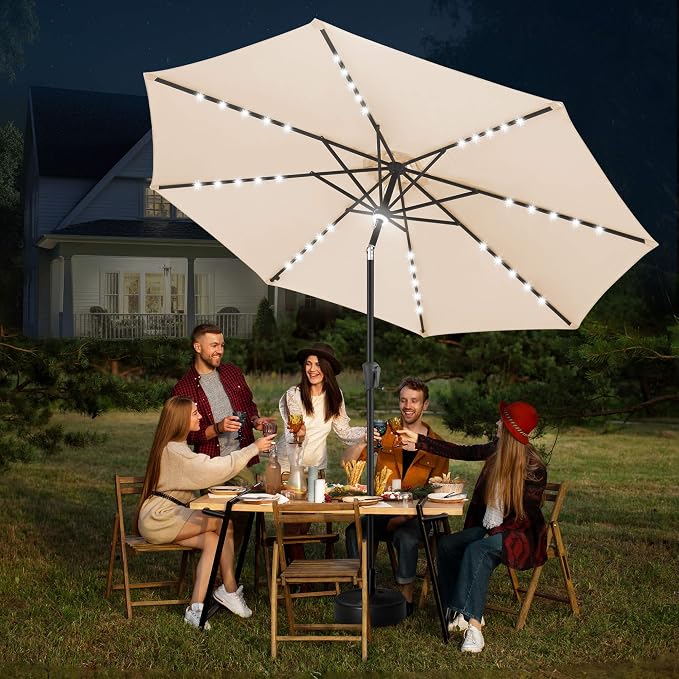 FLAME&SHADE 10 FT Solar Light Patio Umbrella, 40 LED Lights Outdoor Umbrella with Centre Surround Light, Table Market Umbrella for Deck, Pool, Porch, Backyard, Garden, UV Protection, Beige