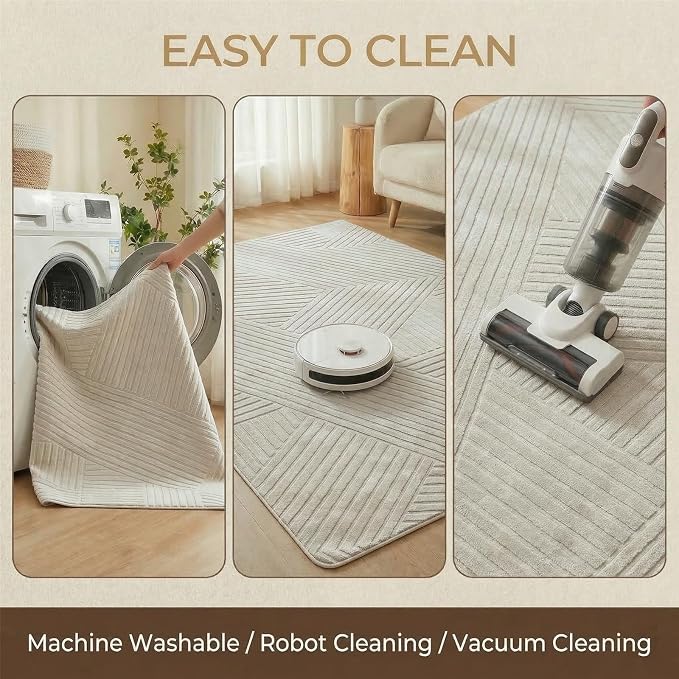 Beige 8x10 Solid Color Area Rug,Washable Rugs for Living Room Bedroom | Soft Plush Thick High-Low Pile Carpet, Fluffy, Non-Slip Modern Geometric Rugs for Bedside, Kids Room, Nursery, Home Office