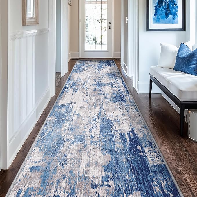 RELEANY Washable Runner 2'x10' Abstract Area Rug for Hallway Blue Gray | Carpet for Kitchen, Entryway, Bathroom, Living Room, Bedroom, Printed Pattern, Non‑Slip, Soft, Stain‑Resistant, Easy to Clean