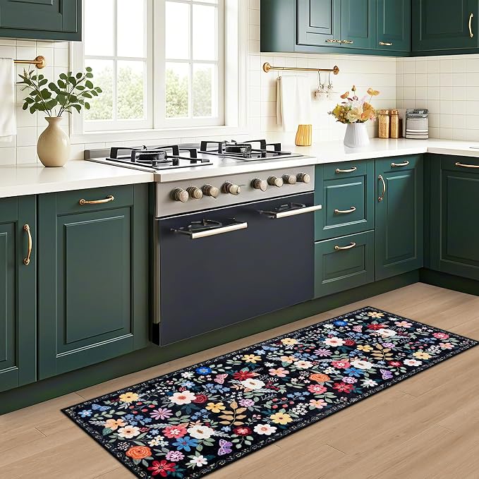 PLHXFR 2.6x8 Washable Runner Rug：Floral Indoor Kitchen Soft Carpet Black | For Hallway Bedroom Kitchen Laundry Bathroom Dorm,Vintage Floral,Machine washable,Non Slip,Stain Resistant,Indoor Floor