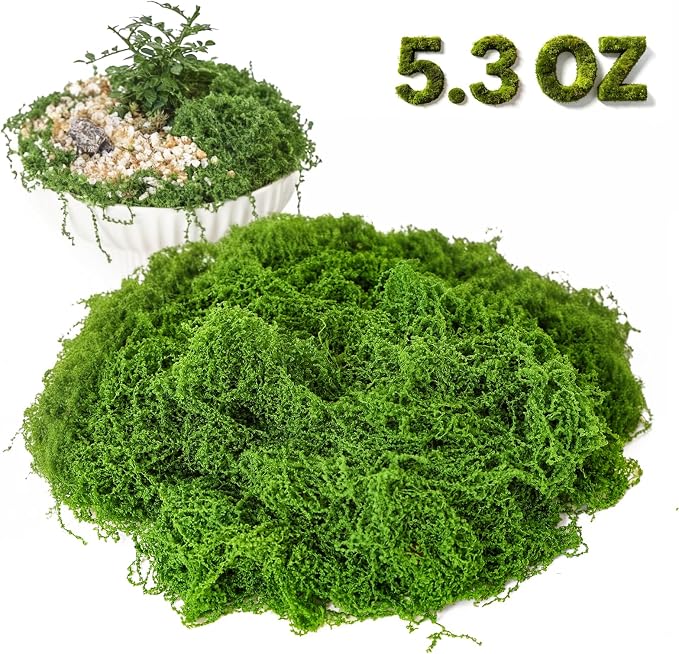 Fake Green Moss for Potted Plants Indoor, 5.3oz Artificial Moss for DIY Crafts, Decorative Faux Grass for Planters, Model Making,Table Centerpieces,Walls, Wedding, Terrariums, Fairy Garden Accessories