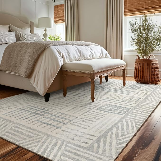 Area Rug 5x7 Abstract Geometric Textured Brushstroke - Neutral Gray & Light Blue Modern Minimalist Area Rug, Decorative Carpet for Living Room Bedroom Home Decor