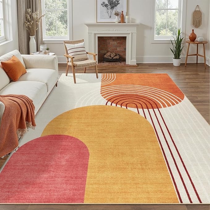 DCX Abstract Washable 10x12 Rug, Non Slip Low Pile Rug, Orange & Yellow | Rugs for living room, bedroom, dining room, office, soft, mid century modern rug, sain resistant indoor carpet, home decor
