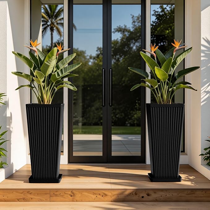 Square Tall Planters for Outdoor Plants Set of 2 - Fluted Large Outdoor Planters for Porch with Tray Saucers and Drainage Holes, Tapered Tall Indoor Flower Pots for Patio Garden, Black