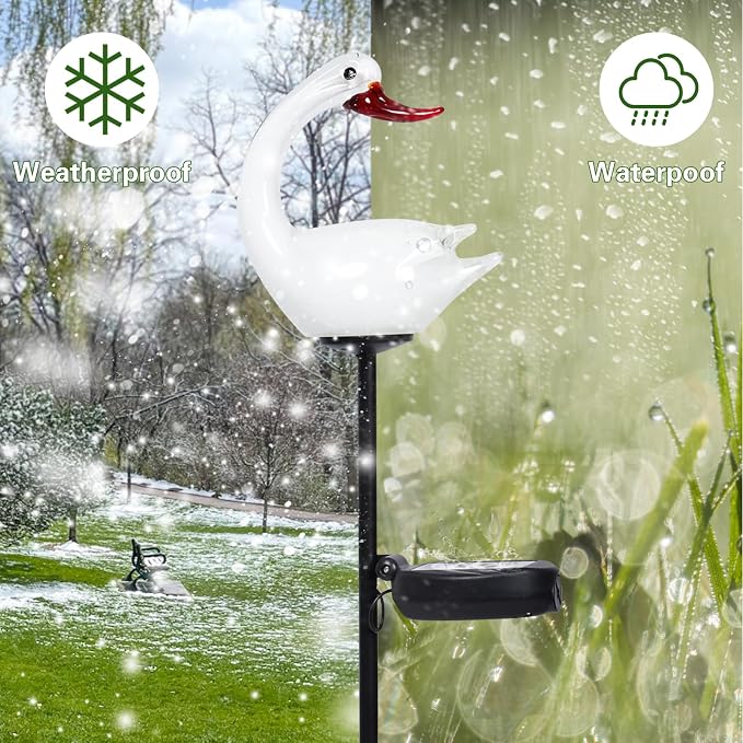 Afirst Solar Goose Garden Stake Lights Hand-Blown Glass Figurine LED Outdoor Decorative Waterproof Solar Landscape Lighting for Yard Lawn Patio Path Walkway Garden Decor 2 Pack