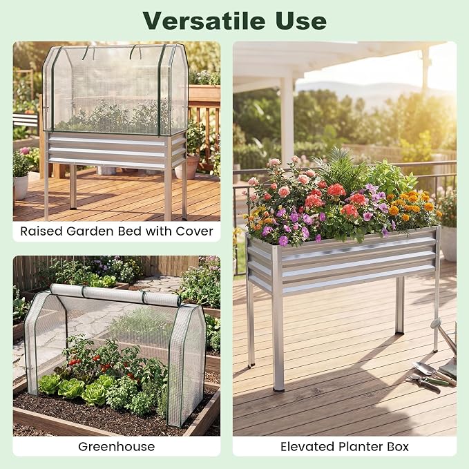 Giantex Raised Garden Bed with Legs & Greenhouse Cover, 44x22x60 Elevated Metal Planter Box with Roll-up Door, Outdoor Mini Greenhouse for Vegetable Flower Herb Patio Balcony (Silver,2)