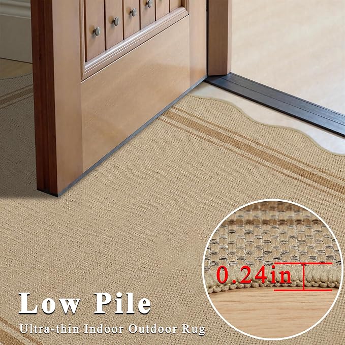 6x9 Scalloped Rug Easy Jute Washable Outdoor Patio Rug for Living Room Indoor Outdoor Tan Geometric Neutral Carpet for Backyard Patio Dining Room