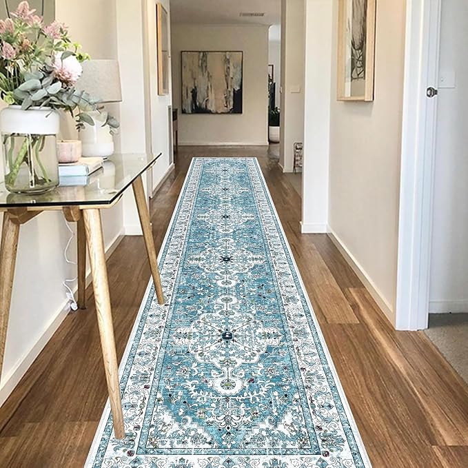 U'Artlines 2' x 12' Boho Hallway Runner Rug, Washable Carpet, Teal | Non Slip, Vintage Farmhouse Accent Area Rug Carpet, for Kitchen Entryway Laundry and Living Room