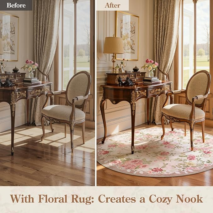 Lahome Floral Round Entryway Rug 4ft,Small Circle Rug for Girls Bedroom | Bathroom,Vintage Carpet for Kids Room, Nursery,Office, College Dorm Reading Nina