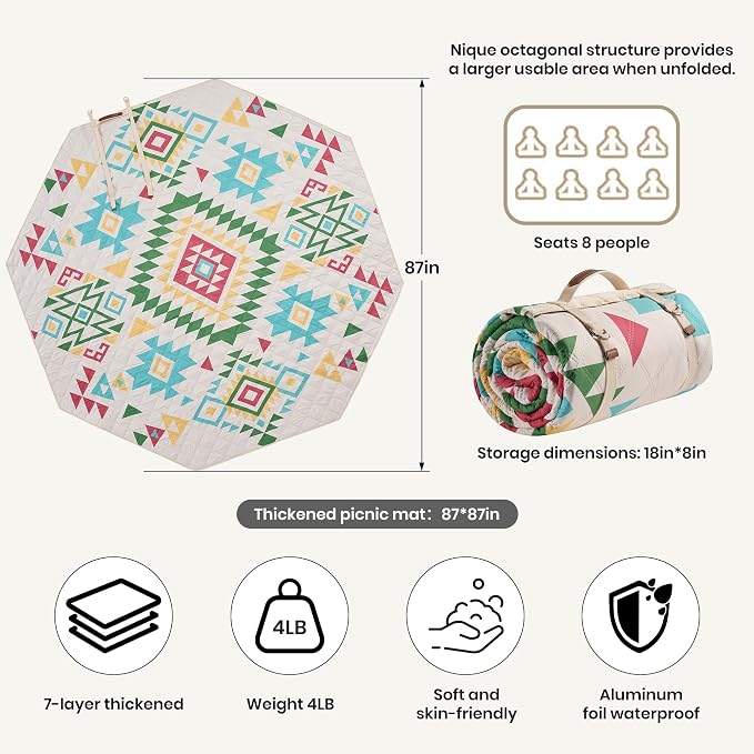 87 in * 87 in Waterproof Picnic Mat Picnic Blanket, Enlarged and Thickened Camping Mat, Larger Picnic Blanket, Suitable for Grassland, Beach, Courtyard, Outdoor Activities (Green)