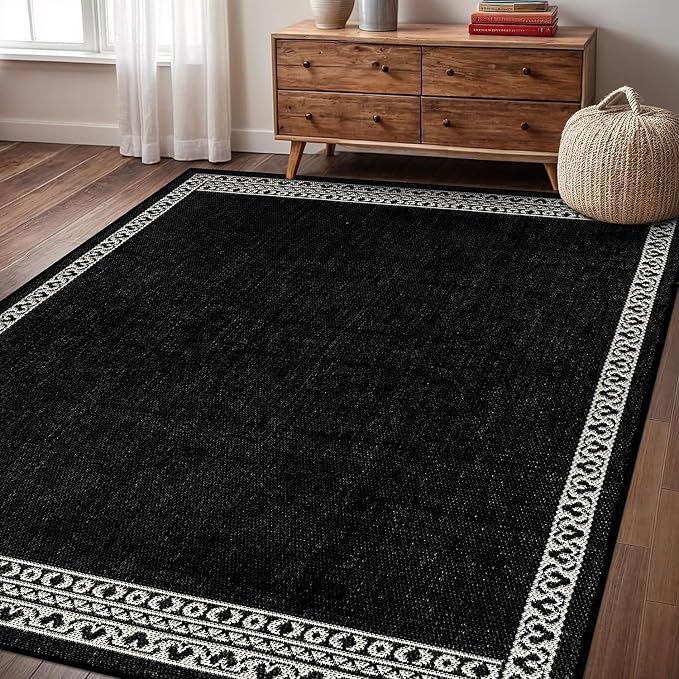 Washable Outdoor Rug 6x9 Modern Area Rugs Outdoor Carpets Bordered Pattern Non Shedding Waterproof Easy Clean Patio Deck Porch Living Room Bedroom Garden RV (6 X 9 Black)