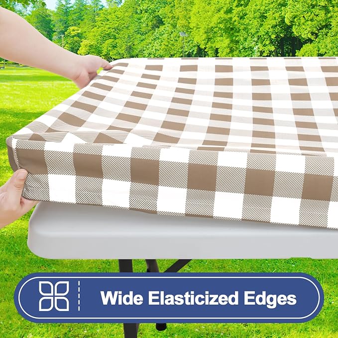 Smiry Picnic Table Cover with Bench Covers, Waterproof Elastic Fitted Tablecloths for 24x48 Rectangle Tables, Washable Buffalo Plaid Tablecloth for Camping, Outdoor (Khaki & White, 24" x 48")