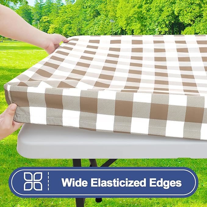 Smiry Picnic Table Cover with Bench Covers, Waterproof Elastic Fitted Tablecloths for 5 Foot Rectangle Tables, Washable Buffalo Plaid Tablecloth for Camping, Outdoor (Khaki & White, 30"x60")