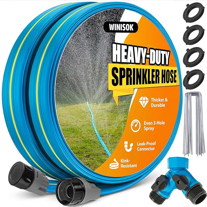 Winisok Upgrade Flat Sprinkler & Soaker Hose for Garden, Heavy Duty 3-Tube Lawn Irrigation Hose with Landscape Stakes and Y-Splitter, No-Kink Flexible Watering Hose for Yard, Plants (15ft x 2packs)