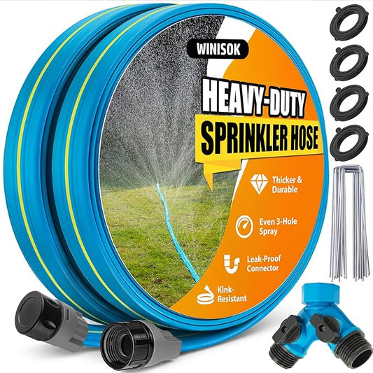 Winisok Upgrade Flat Sprinkler & Soaker Hose for Garden, Heavy Duty 3-Tube Lawn Irrigation Hose with Landscape Stakes and Y-Splitter, No-Kink Flexible Watering Hose for Yard, Plants (15ft x 2packs)