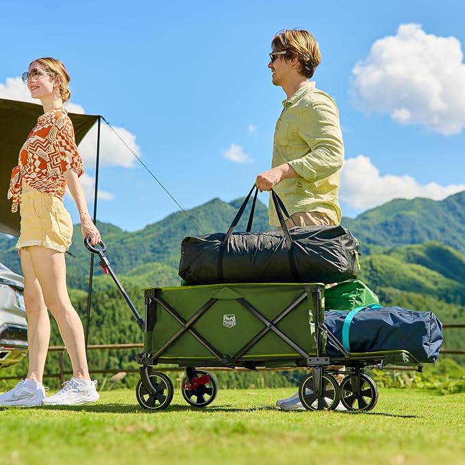 Timber Ridge 49" Extra Long Collapsible Folding Wagon with Tailgate and Brakes, 300lbs Heavy Duty Foldable Wagon with Adjustable Handle, 250L Capacity Portable Cart for Outdoor Camping Sports, Green
