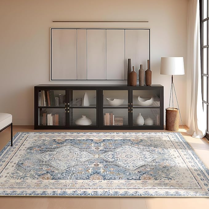 Phantoscope Washable Area Rug 5'x7' Non-Slip, Vintage Neutral Rugs for Living Room, Bedroom, Dining Room, Distressed Boho Geometric Medallion Pattern, Low-Pile Foldable Floor Carpet, Dusty Blue/Multi