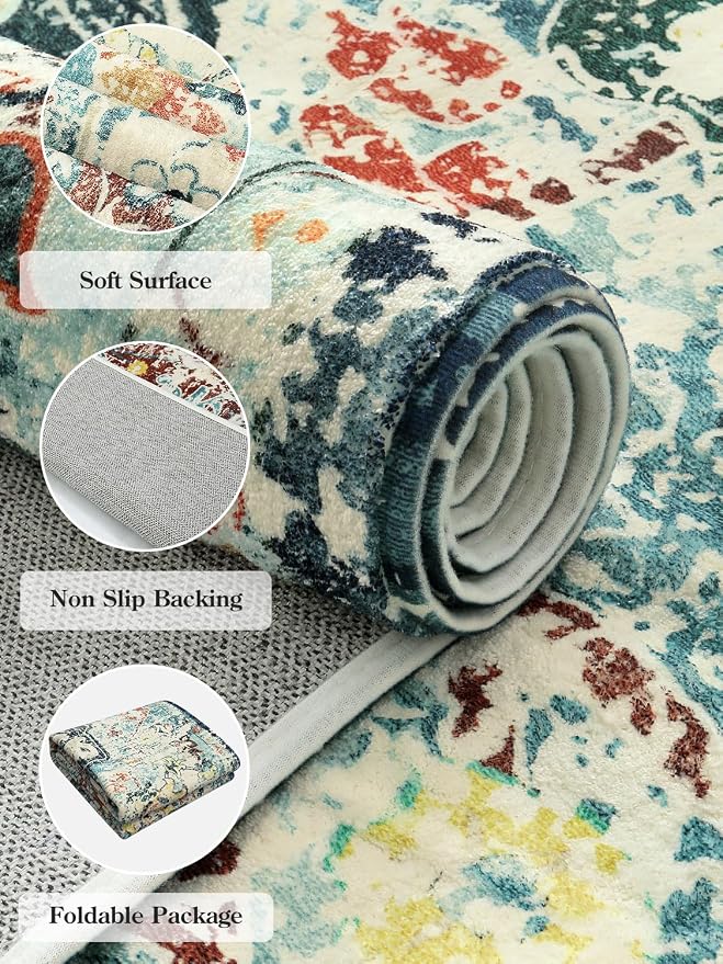 Lahome Reine Bohemian Floral Medallion Round Rug - 3Ft Small Bedroom Round Area Rug Soft Bathroom Circle Mat, Teal Vintage Non Slip Machine Washable Entryway Carpet for Nursery Kitchen Family Room