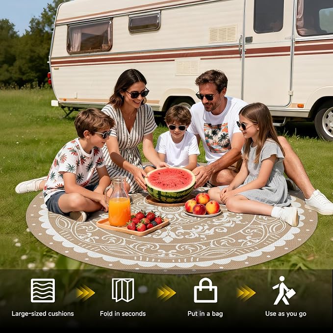 Pauwer Waterproof Outdoor Rug 6ft, Reversible Plastic Straw Patio Camping Rug, Indoor Outdoor RV Mat Carpet for Deck, Camper, Porch, Balcony, Backyard, Picnic, Paisley Brown