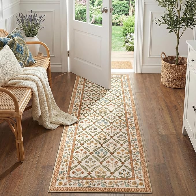 jinchan Runner Rug 2x6 Vintage Floral Washable Hallway Area Rug, Terracotta | Soft & Lightweight, Checkered Floral, Low Pile, Non Slip, Entryway, Kitchen, Bedside, Laundry Room, Cottage Decor